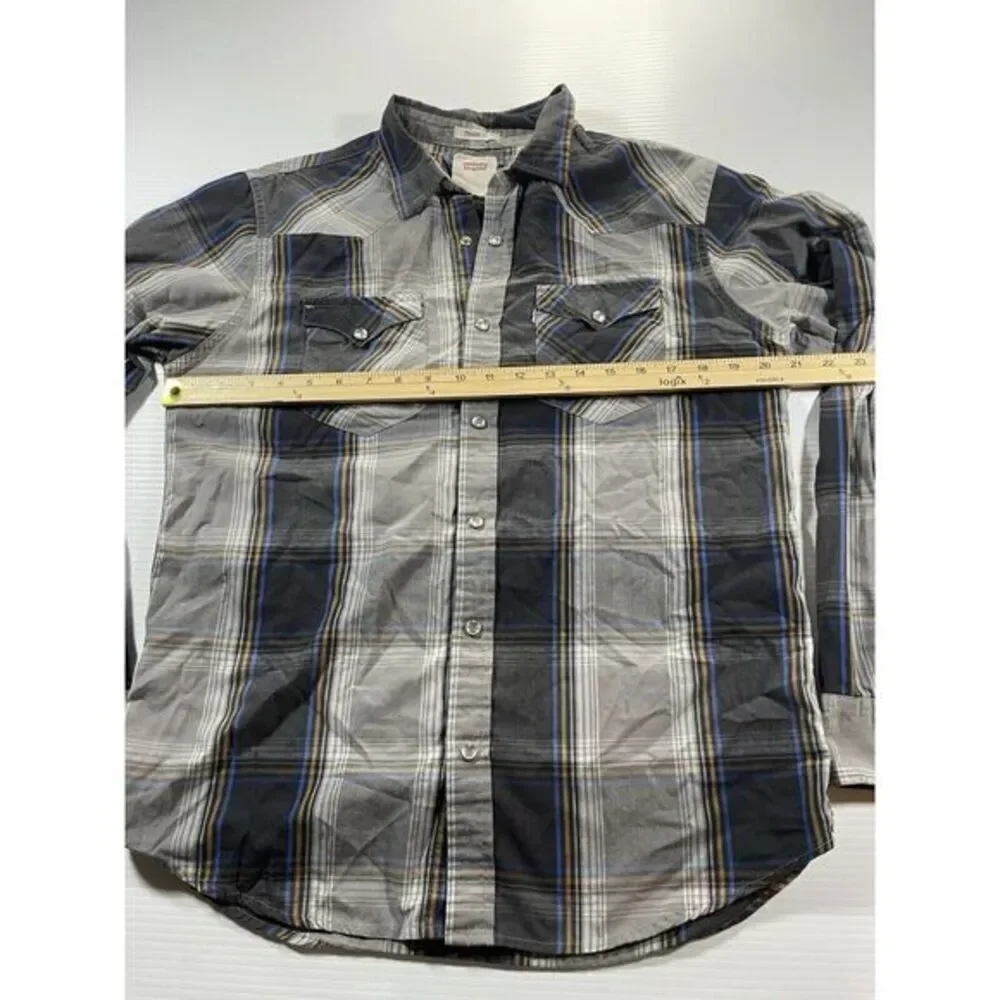 Levis Standard Fit Black Gray  Plaid Western Shirt Mens S Lumberjack Pearl Snaps